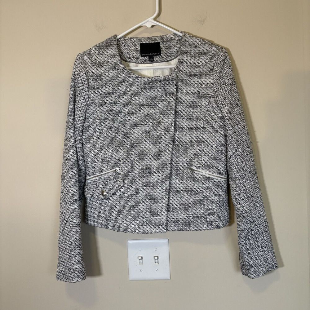 Banana‎ Republic Tweed Jacket Fringed Gray White Luxury Cocktail Office Womens 4